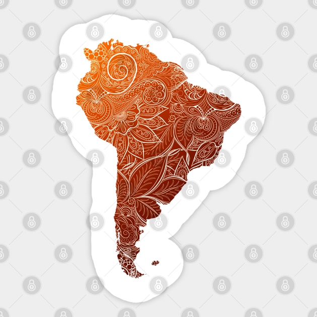 Colorful mandala art map of South America with text in brown and orange Sticker by Happy Citizen